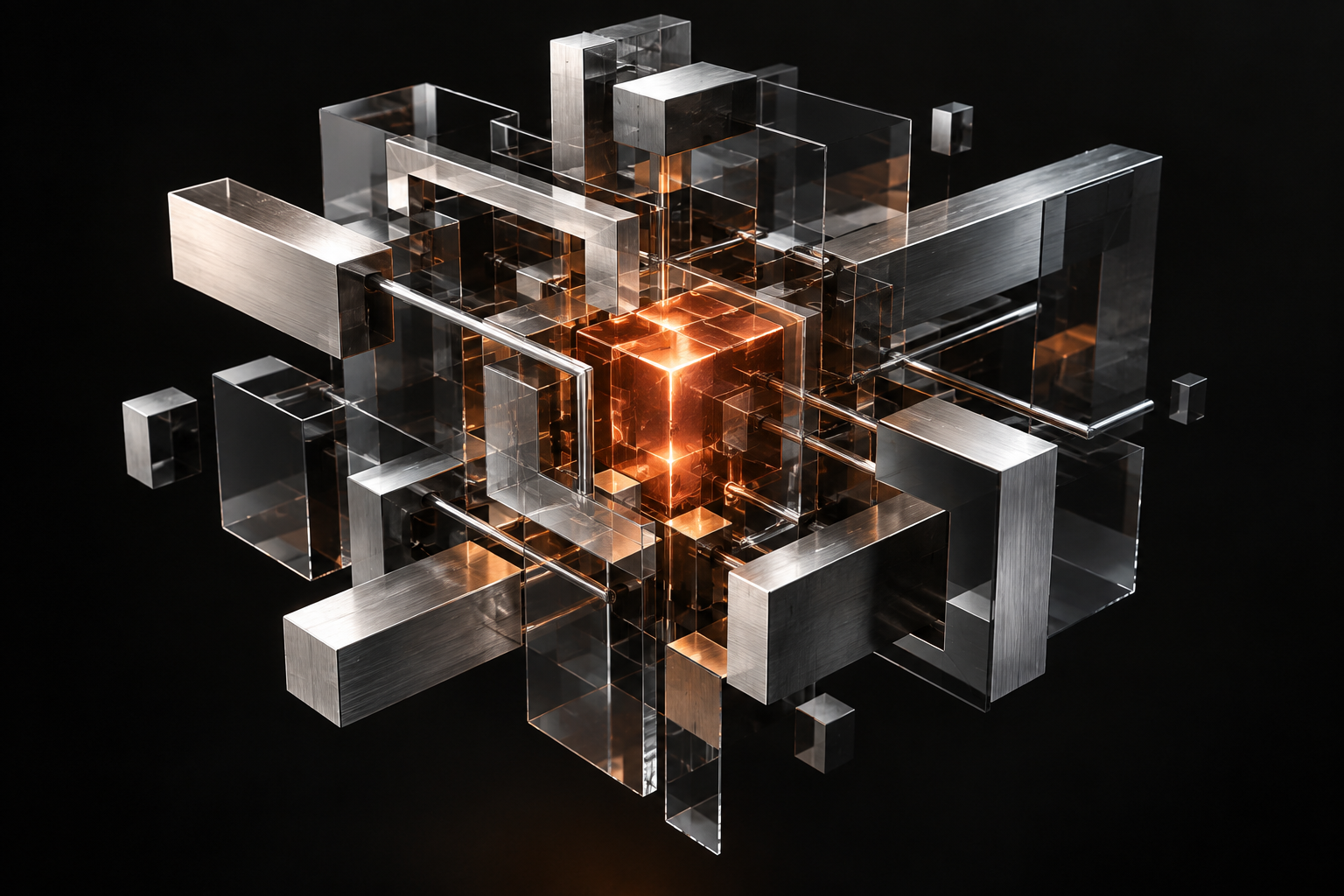Abstract metal and glass architecture surrounding a copper core
